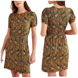 Boden Knot Detail Jersey Mini Dress Harvest Gold Paisley Terrace Women's Size 8R